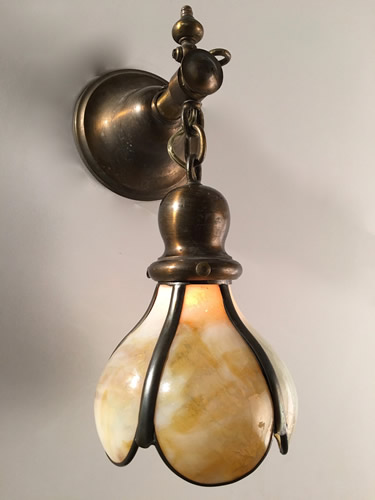 Pair of Gas and Electric Sconces with Leaded Glass Shades